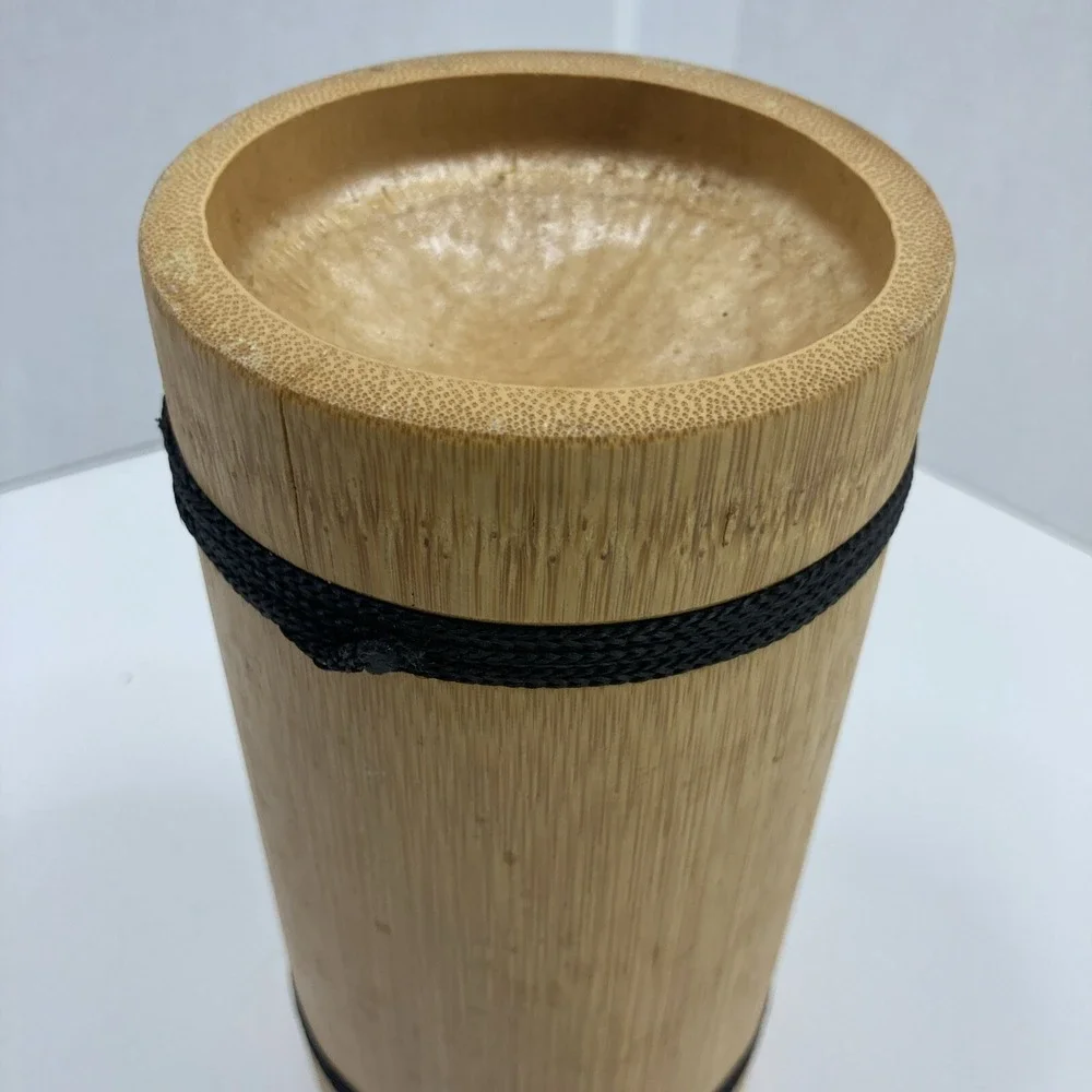 Natural Bamboo Cylinder Vase Decorative Container with Black Cord Accents 7.25in